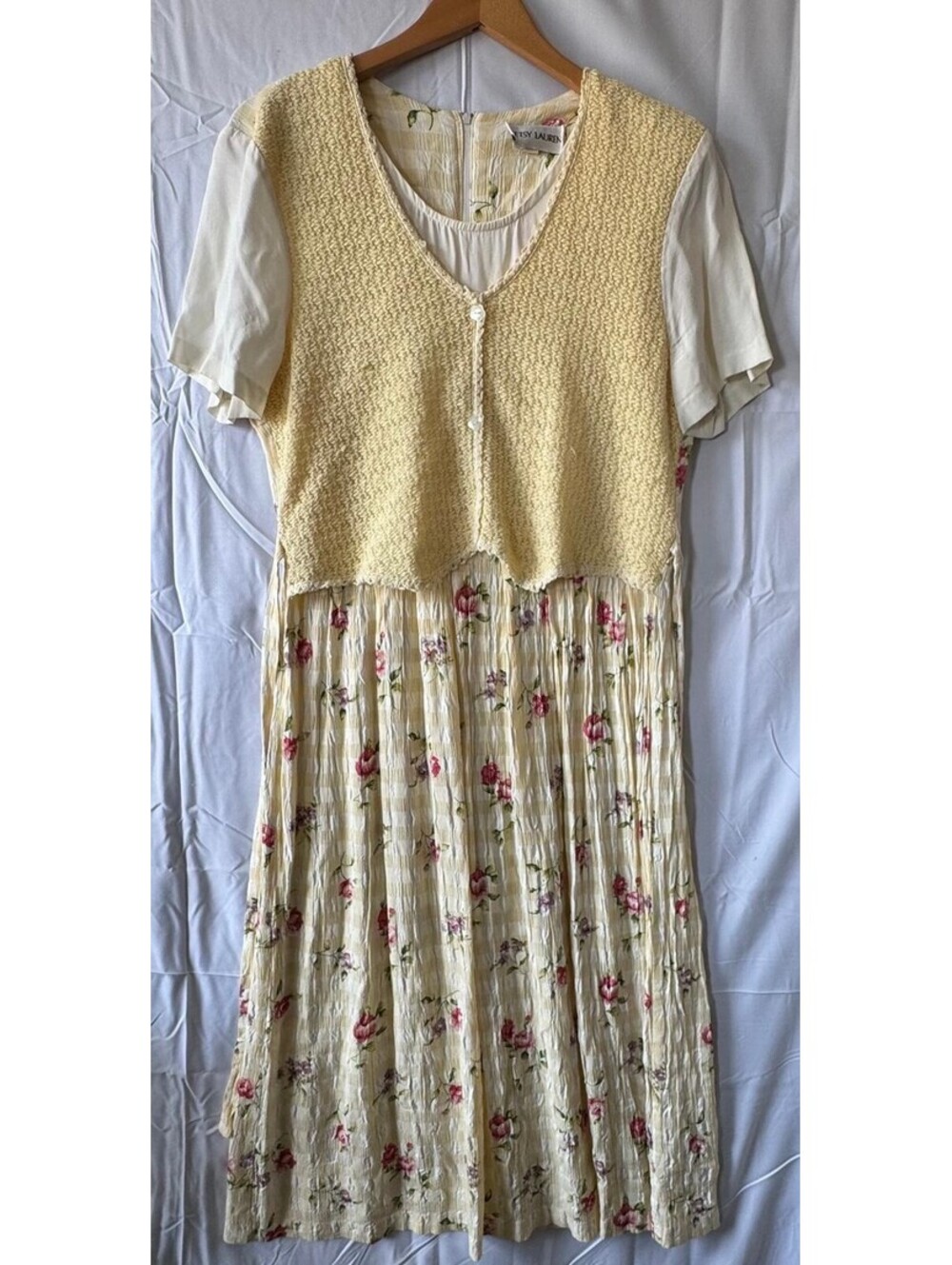 Betsy Lauren Dress 14 Yellow Floral Gingham Crochet Vest Overlay Cottagecore